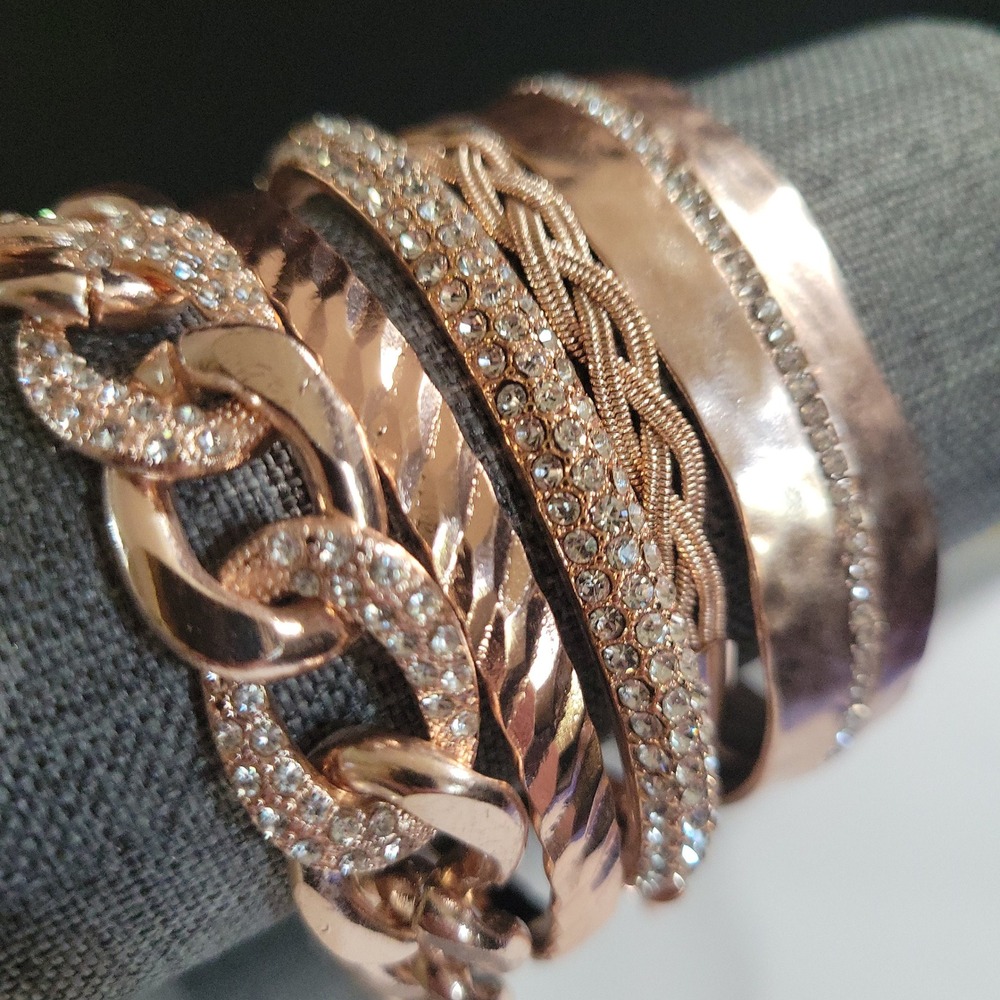 Rose‎ Gold Tone Crystal Bangle Bracelet Stack 5 Piece Set 7" Glam